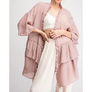 Easel  LIGHTWEIGHT RUFFLED Blush Duster CARDIGAN sz S 3/4 sleeves